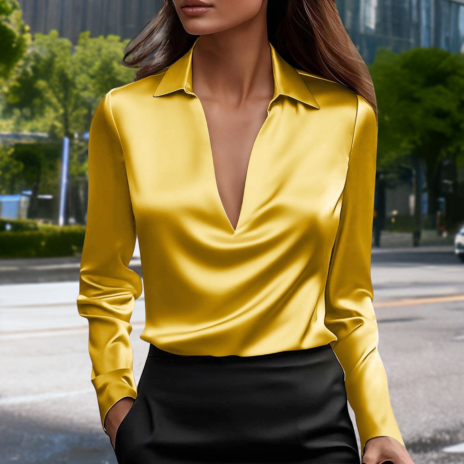 Antqov Satin Tops For Women Solid Color Silk V Neck Lapel Casual Long antqov-satin-tops-for-women-solid-color-silk-v-neck-lapel-casual-long