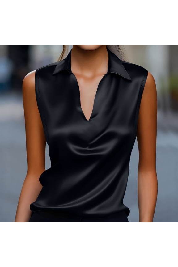Satin Tops for Women, Solid Color V Neck Lapel Off Shoulder Silk Sleeveless Blouses, Office Trendy Elegant Casual Comfortable Dress Shirts