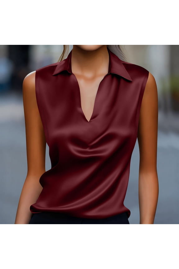 Satin Tops for Women, Solid Color V Neck Lapel Off Shoulder Silk Sleeveless Blouses, Office Trendy Elegant Casual Comfortable Dress Shirts