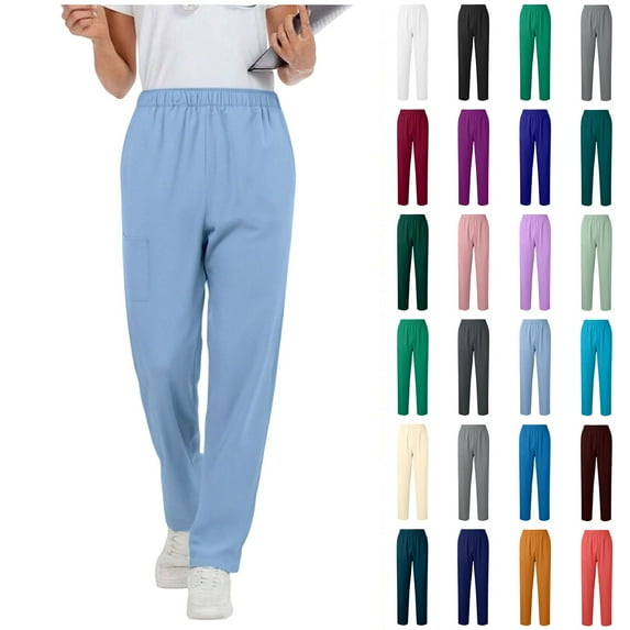 Antqov Scrub Pants for Women, Elastic Waist Solid Color Mid Rise Tapered Leg with Pockets, Healthcare Loose Comfortable Work Pants