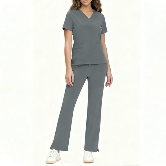 Antqov Scrubs for Women Set, Modern Solid Color V Neck Short Sleeve Loose Drawstring Pants with Multi Pockets, Daily Fashion Cozy Athletic Nursing Uniform Workwear