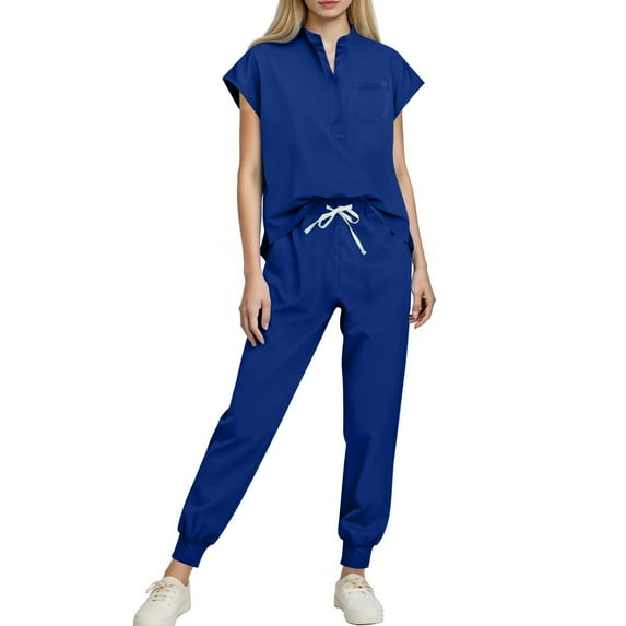 Antqov Scrubs for Women Set, Solid Color Short Sleeve Nurse Uniform Suit Stretch Top & Pants Drawstring with Multi Pockets, Daily Casual Comfy Jogger Relaxed Workwear
