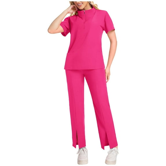 Antqov Scrubs for Women Set, Solid Color Short Sleeve Nurse Uniform Suit Stretch Top & Pants Drawstring with Multi Pockets, Daily Casual Comfy Jogger Relaxed Workwear