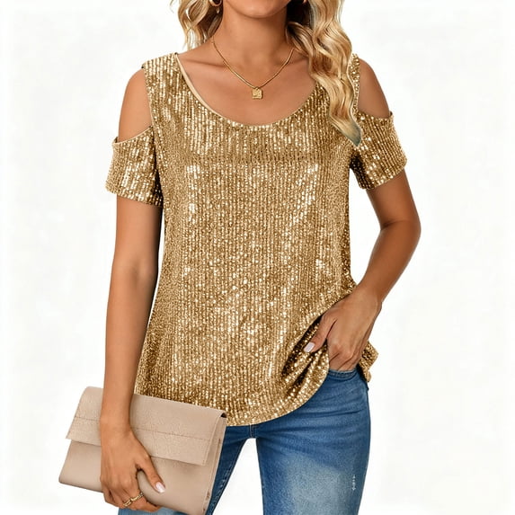 Antqov Sequin Tops for Women, Solid Color Round Neck Short Sleeve Off Shoulder Sparkle Tops, Daily Fashion Casual Comfortable Loose Shirts