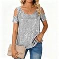 thumbnail image 1 of Antqov Sequin Tops for Women, Solid Color Round Neck Short Sleeve Off Shoulder Sparkle Tops, Daily Fashion Casual Comfortable Loose Shirts, 1 of 7