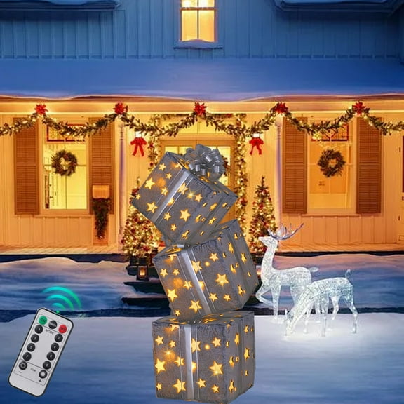 Antqov Set of 3 Christmas Lighted Gift Boxes, LED Stackable Light Up Present Boxes Christmas Ornament Warmer Light Christmas Boxes Decorations for Indoor Outdoor Home Yard Lawn Decor
