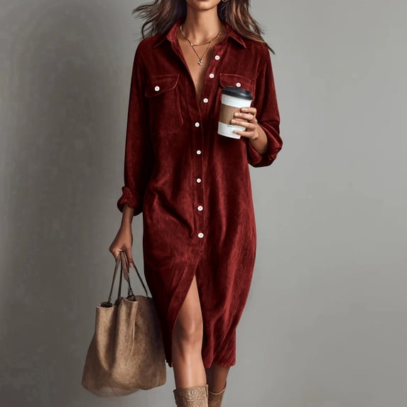 Antqov Shirt Dresses for Women, Solid Color Long Sleeve Corduroy Turn Down Collared Dress with Pockets, Daily Casual Trendy Comfortable Elegant Midi Dress