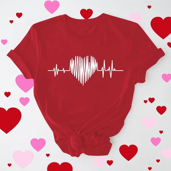 Antqov Shirts for Women, Valentine's Day Print Short Sleeve Round Neck T-Shirt, Daily Fashion Funny Comfortable Casual Tops