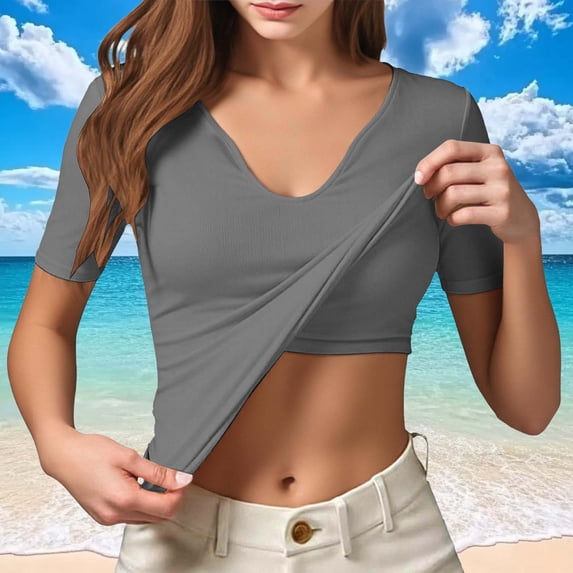 Antqov Short Sleeve Shirts for Women, Solid Color V Neck Skinny Fitted Sports Top with Padded Cups, Summer Fashion Comfortable Going Out Tops Casual Blouse