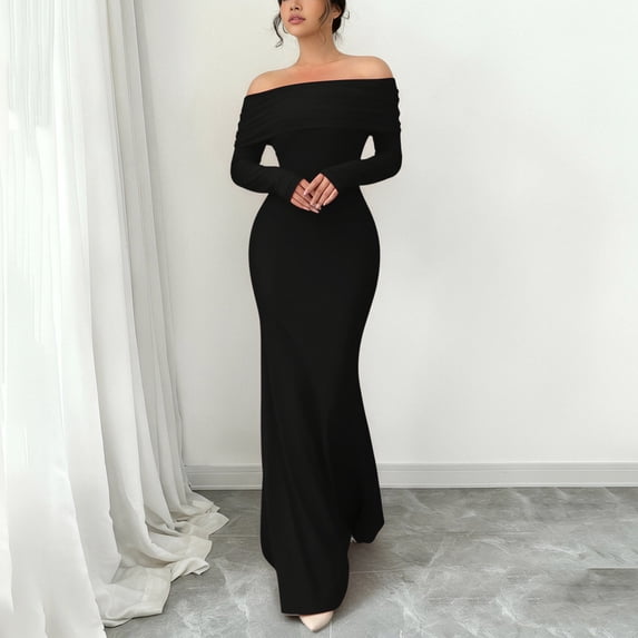 Antqov Off Shoulder Dresses for Women, Solid Color Long Sleeve Backless Skinny Tapered Waist Bodycon Dress, Party Fashion Elegant Maxi Wedding Guest Dress