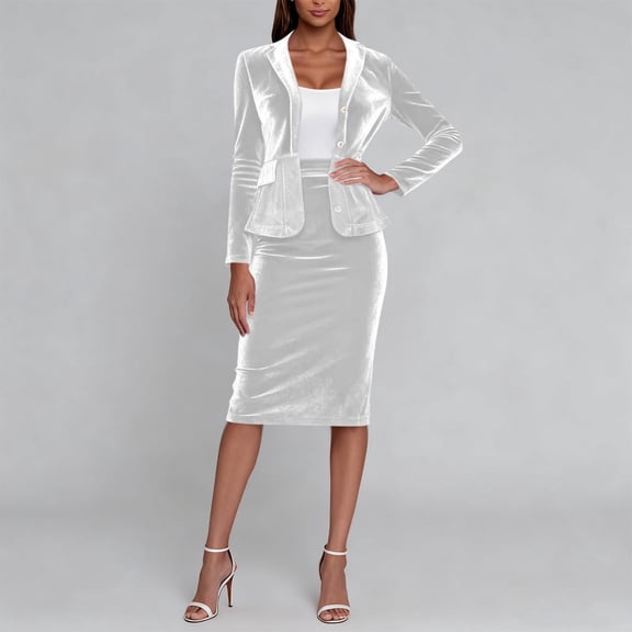 Antqov Skirt Suit Set for Women, Solid Color Velvet Lapel Button Up Long Sleeve 2 Piece Blazer Skirt Set with Pockets, Daily Elegant Business Fashion Jacket & Skirt Set