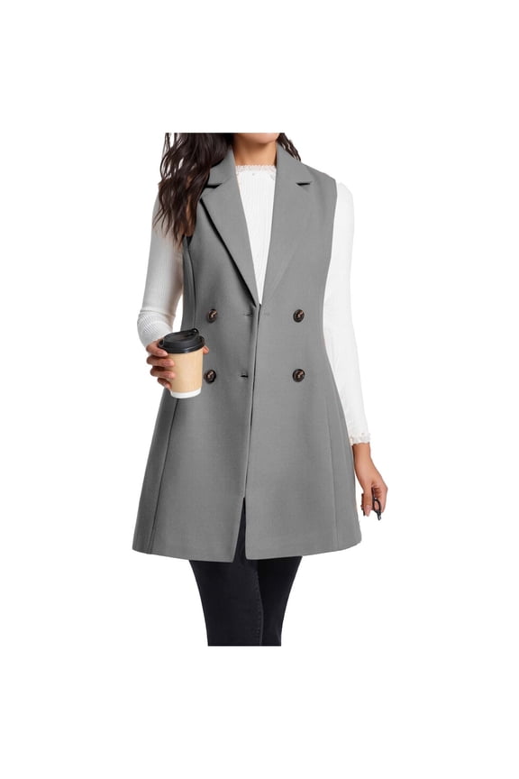 Sleeveless Cardigans for Women, Long Line Woolen Lapel Button Open Tapered Waist Vest Jacket with Pockets, Daily Stylish Lightweight Casual Cardigan Vests