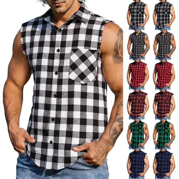 Antqov Sleeveless Shirts for Men, Fashion Plaid Printed Lapel Button Down Shirt with Pockets, Summer Sports Casual Cozy Muscle Shirts Big & Tall Tank Tops