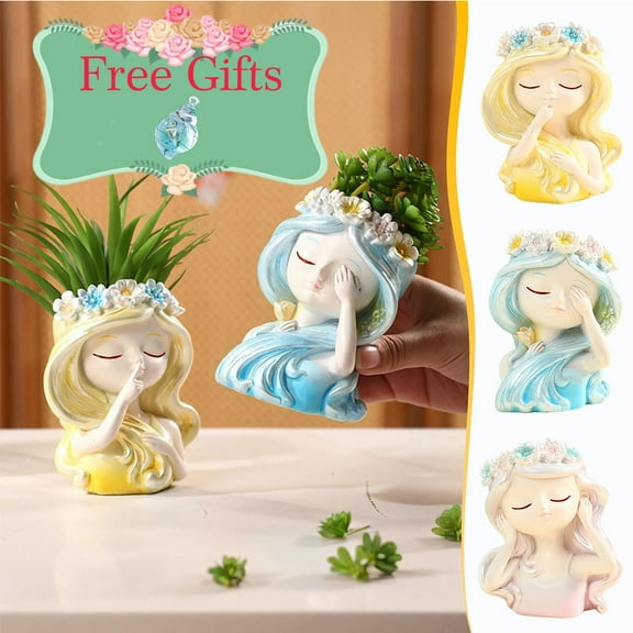 Antqov Small Girl Head Plant Pots, Resin Girl Figurine Planter, Girl Face Flower Pot Cute Planters Pot with Decorations for Indoor Home Garden Office Gifts for Women