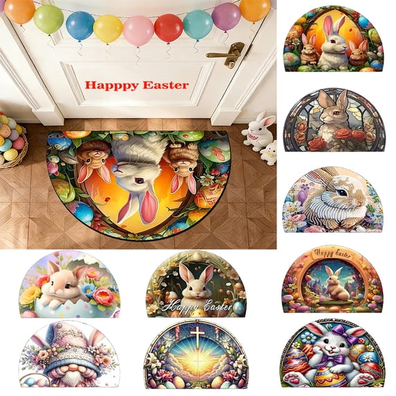Antqov Easter Half Round Door Mat 16x24" Non-Slip Soft Easter Bunny Eggs Doormat Colorful Spring Floor Mat Easter Decorations for Outdoor Bathroom Living Room Bedroom Home Decor