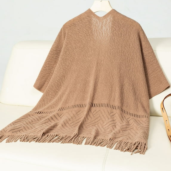 Antqov Sweaters for Women, Solid Color Fringe Shawl Style Knit Tops, Party Stylish Comfortable Sweater Coats