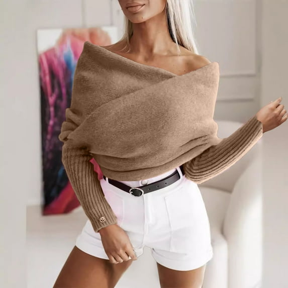 Antqov Sweaters for Women, Solid Color V Neck Off Shoulder Long Sleeve Multiple Styling Blouse, Outing Shopping Stylish Cozy Fall Sweater