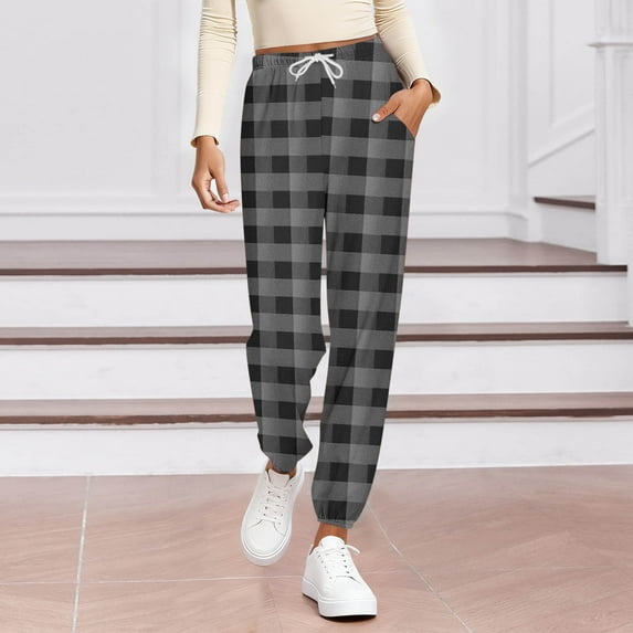 Antqov Sweatpants Women, Elastic High Waist Checkered Print Cuffed Lounge Pants Drawstring with Pockets, Outdoor Sports Casual Relaxed Lightweight Breathable Joggers