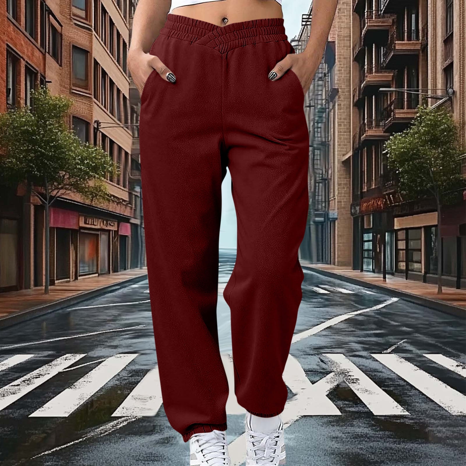 Antqov Sweatpants Women, Solid Color Crossed Elastic Waist