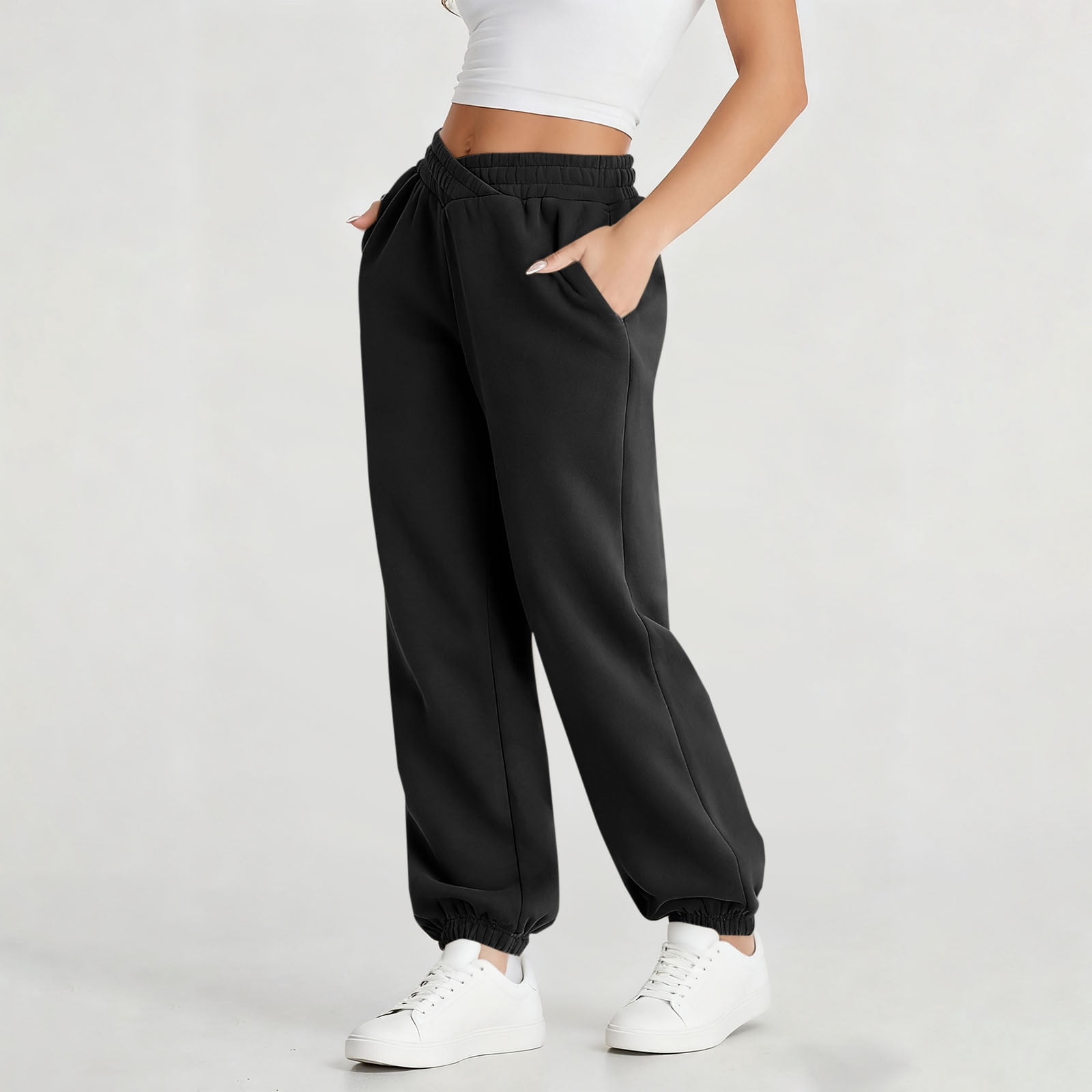 Sweatpants Women, Solid Color Crossed Elastic Waist Straight Cuffed Casual Pants with Pockets, Outdoor Fitness Loose Soft Comfortable Joggers
