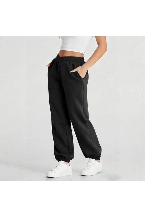 Sweatpants Women, Solid Color Crossed Elastic Waist Straight Cuffed Casual Pants with Pockets, Outdoor Fitness Loose Soft Comfortable Joggers