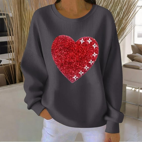 Antqov Sweatshirt for Women, Valentine's Day Love Heart Printed Crew Neck Pullover Long Sleeve Sweatshirts, Daily Fashion Loose Comfortable Casual Tops