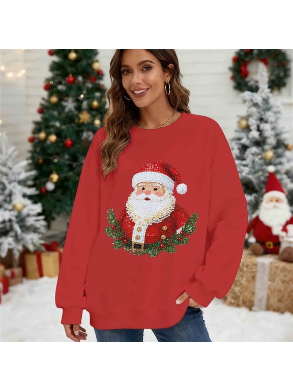 Sweatshirt for Women, Crewneck Pullover Christmas Print Oversized Long Sleeve Shirts, Fall Winter Party Fashion Funny Comfy Casual Sweatshirts