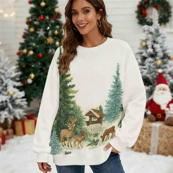Antqov Sweatshirt for Women, Crewneck Pullover Christmas Print Oversized Long Sleeve Shirts, Fall Winter Party Fashion Funny Comfy Casual Sweatshirts