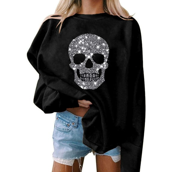 Antqov Sweatshirt for Women, Crewneck Pullover Funny Skeleton Rhinestones Printed Tops, Outdoor Fashion Cozy Attractive Blouse