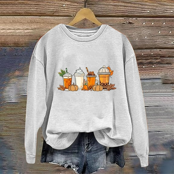Antqov Sweatshirt for Women, Crewneck Pullover Thanksgiving Drink Print Long Sleeve Tops, Daily Lightweight Comfortable Casual Sweatshirts