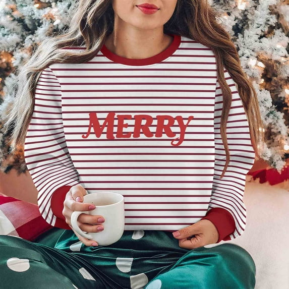 Antqov Sweatshirt for Women, Oversized Crewneck Pullover Christmas Letter Print Stripes Long Sleeve Tops, Party Comfortable Funny Casual Sweatshirts