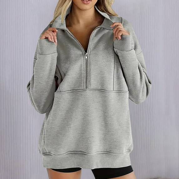 Antqov Sweatshirt for Women, Pullover Solid Color Lapel Quarter Zip Tops, Outdoor Fitness Running Trendy Casual Shirts