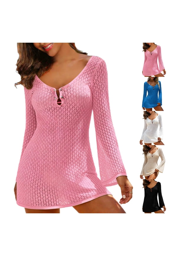 Swimsuit Coverup for Women, Openwork Texture Knit V Neck Long Sleeve Cover Ups for Swimwear, Beach Bathing Suit Cover Up Sun Protection Dress