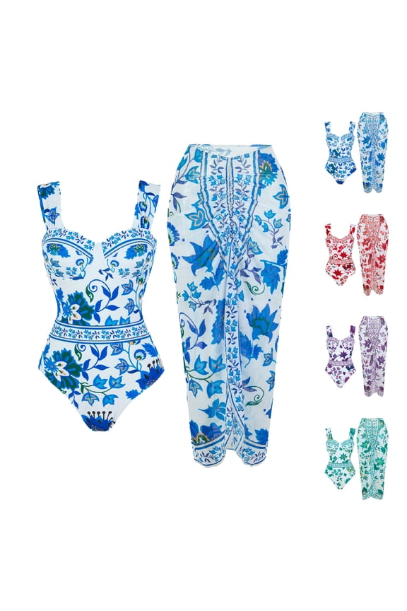 Swimsuit for Women, Floral Print Two Piece Swimsuit Slimming Pleats Swimwear with Long Lacing Cover Up Skirt, Summer Stylish Cozy Beachwear Vintage Casual Bathing Suits