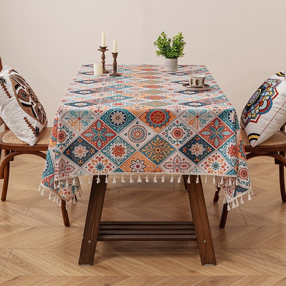 Antqov Table Cloth 55x79" Boho Rectangle Tablecloths Vintage Print Table Cover Cloth Decorative with Tassel for Kitchen Dining Room Home Office Supplies