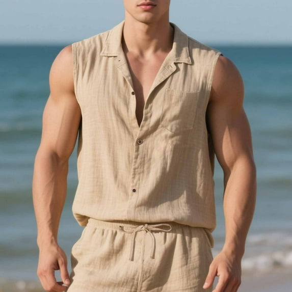 Antqov Tank Tops Men, Solid Color Blend Linen Casual Sleeveless Muscle Pocket Shirt with Button Down Collar, Vacation Fashion Breathable Cozy Lightweight Summer Top