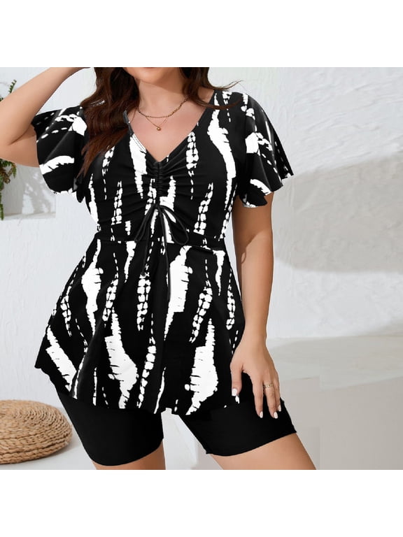 Tankini Swimsuits for Women, Plus Size Fashion Print V Neck Drawstring Pleats Short Sleeve Two Piece Swimwear Set with Shorts, Beach Vacation Loose Casual Comfy Bathing Suits for Summer