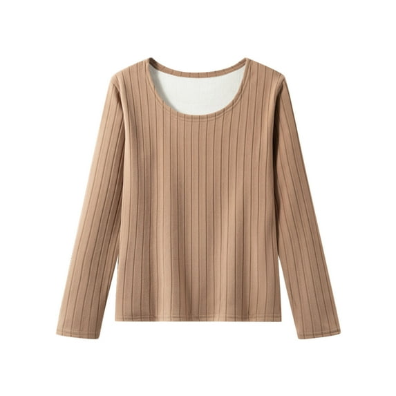 Antqov Thermal Shirts for Women, Solid Color Crew Neck Pullover Long Sleeve Fleece Lined Relaxed Base Layer Top, Daily Warm Comfortable Soft Lightweight Underwear Tops
