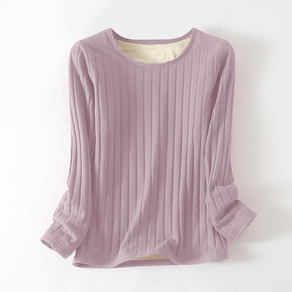 Antqov Thermal Shirts for Women, Solid Color Crew Neck Pullover Long Sleeve Fleece Lined Relaxed Base Layer Top, Daily Warm Comfortable Soft Lightweight Underwear Tops