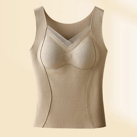 Antqov Thermal Tank Top Women, Solid Color Skinny with Built in Pads Seamless Base Layer Sleeveless Underwear Tops, Fall Winter Comfortable Soft Casual Thermal Vest