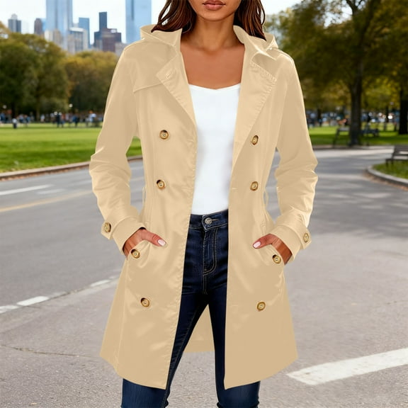 Antqov Trench Coat Women, Solid Color Long Double Breasted Corset Hooded Jacket with Pockets, Winter Stylish Lightweight Windproof Overcoat
