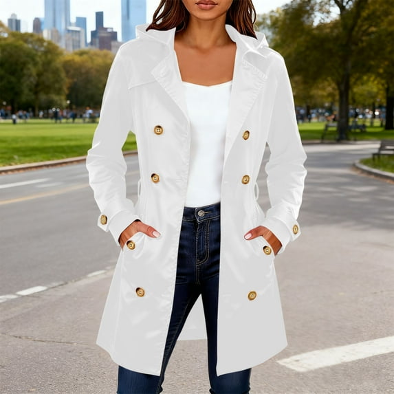 Antqov Trench Coat Women, Solid Color Long Double Breasted Corset Hooded Jacket with Pockets, Winter Stylish Lightweight Windproof Overcoat