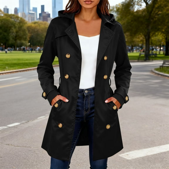 Antqov Trench Coat Women, Solid Color Long Double Breasted Corset Hooded Jacket with Pockets, Winter Stylish Lightweight Windproof Overcoat