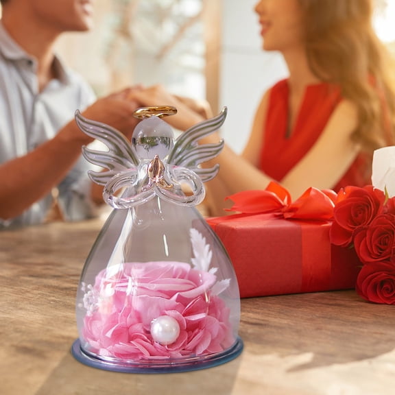Antqov Valentines Day Gifts for Her Preserved Rose Forever Fake Flower in Glass Angel Figurines Roses for Birthday Wedding Party Decor, Gifts for Women