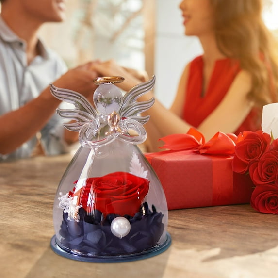 Antqov Valentines Day Gifts for Her Preserved Rose Forever Fake Flower in Glass Angel Figurines Roses for Birthday Wedding Party Decor, Gifts for Women