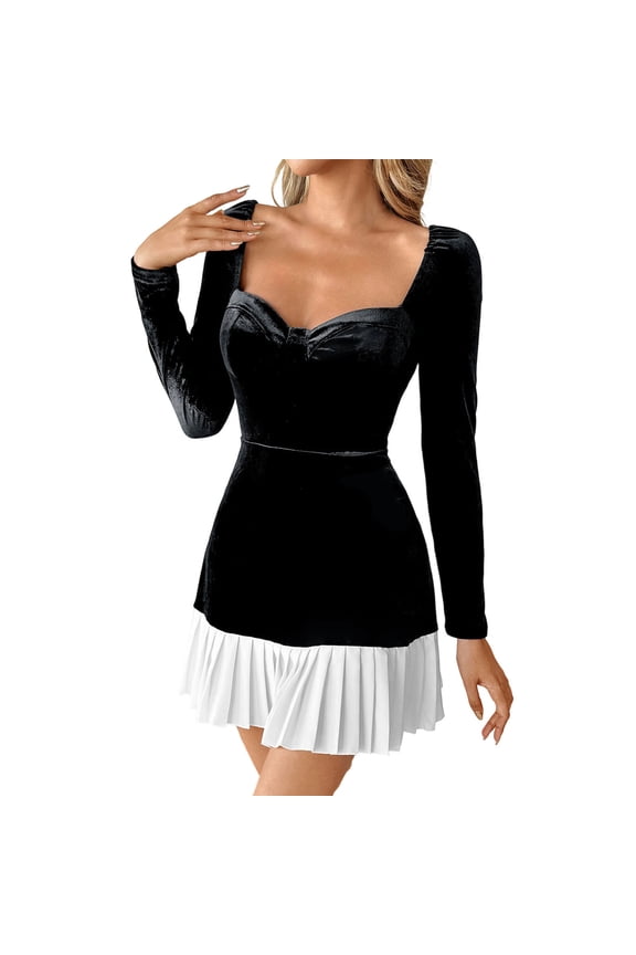 Velvet Dress for Women, Black White Long Sleeve Square Neckline Tapered Waist Mini Cocktail Dress, Party Elegant Stylish Wedding Guest Dress