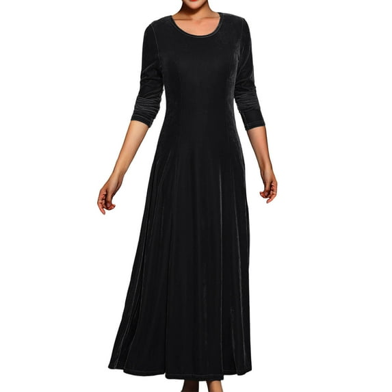 Antqov Velvet Dress for Women, Solid Color Round Neck Long Sleeve Elegant Evening Gown Maxi Cocktail Dresses, Party Fashion Cozy Wedding Guest Dress