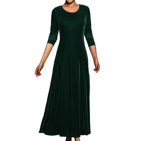 Antqov Velvet Dress for Women, Solid Color Round Neck Long Sleeve Elegant Evening Gown Maxi Cocktail Dresses, Party Fashion Cozy Wedding Guest Dress