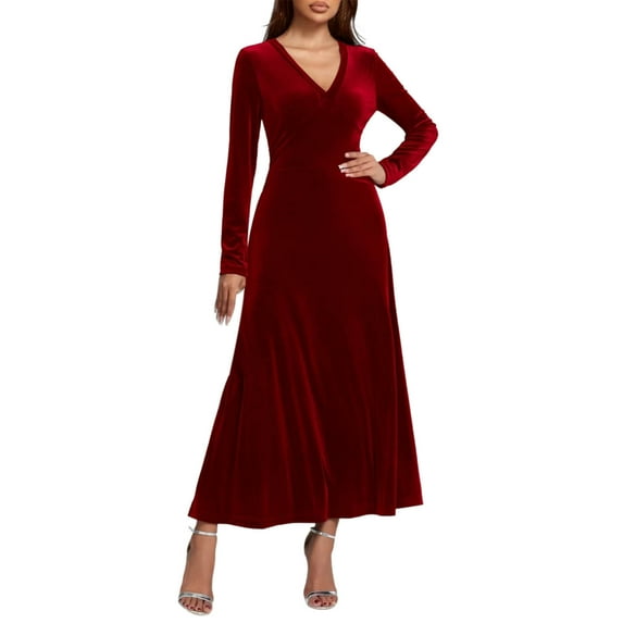 Antqov Velvet Dress for Women, Solid Color V Neck Long Sleeve Elegant Evening Gown Maxi Cocktail Dresses, Party Fashion Cozy Wedding Guest Dress