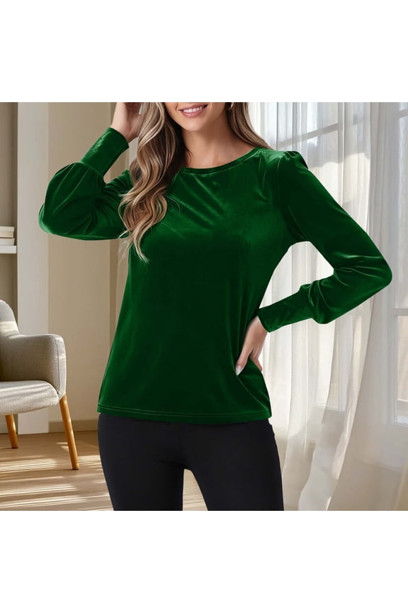 Velvet Tops for Women, Solid Color Pullover Round Neck Puff Sleeve Longline Elegant Shirt, Daily Fashion Soft Cozy Top Casual Dressy Blouse